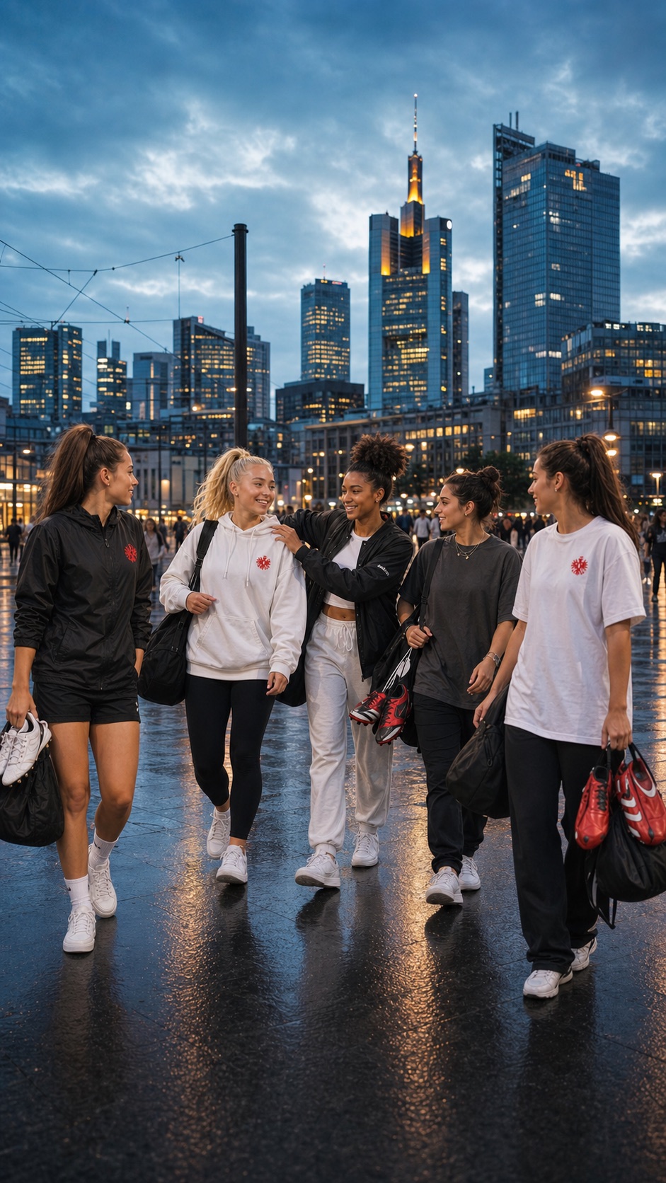 Eine Gruppe Fußballerinnen geht gemeinsam durch Frankfurt