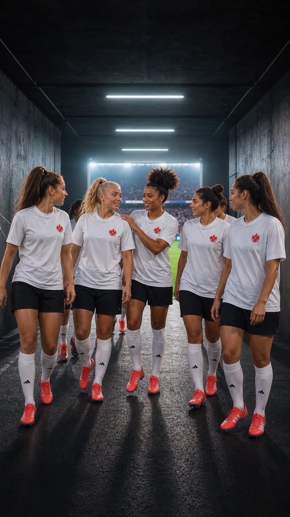 Fußballerinnen im Stadiontunnel auf dem Weg zum Spielfeld